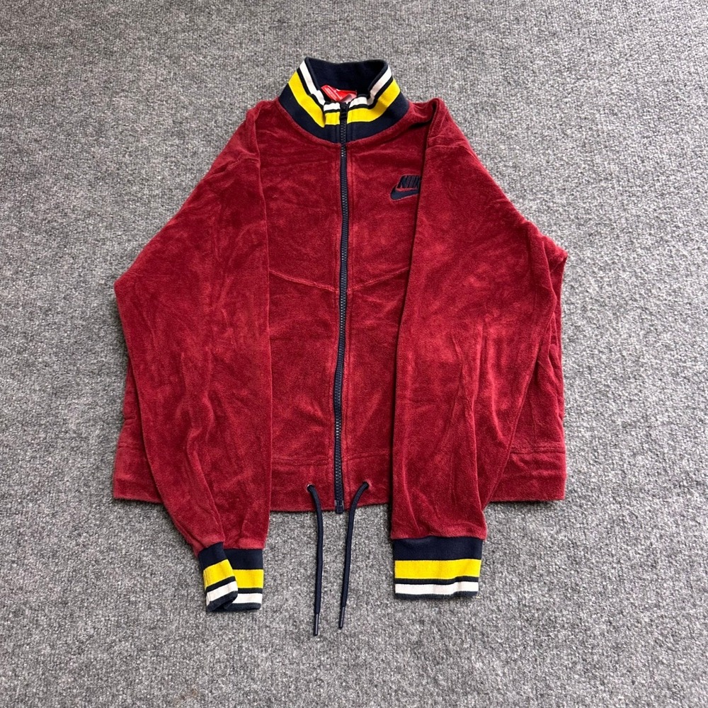 Nike Track Jacket Womens Size M Red Velour Striped Trim Retro Cropped Zip Up